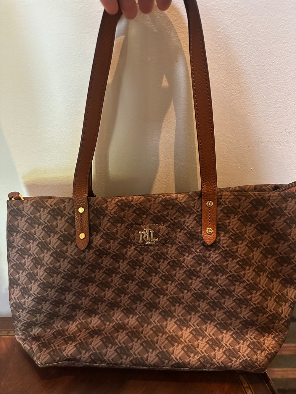 Ralph Lauren Brown Monogram Tote with Tan Leather Straps
